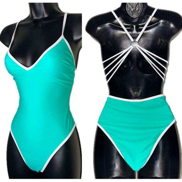 New‎ Medium Mint Strappy Bathing Suit Swimsuit O-Ring Backless Padded V-neck - Picture 2 of 6